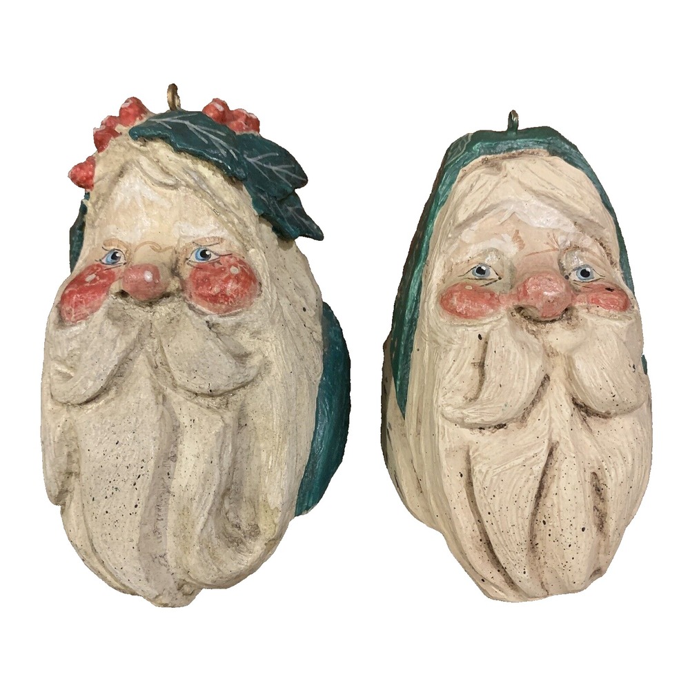 House Of Hatten Santa Head Christmas Ornaments Shelf Sitters 1988 LOT OF 2 Holly